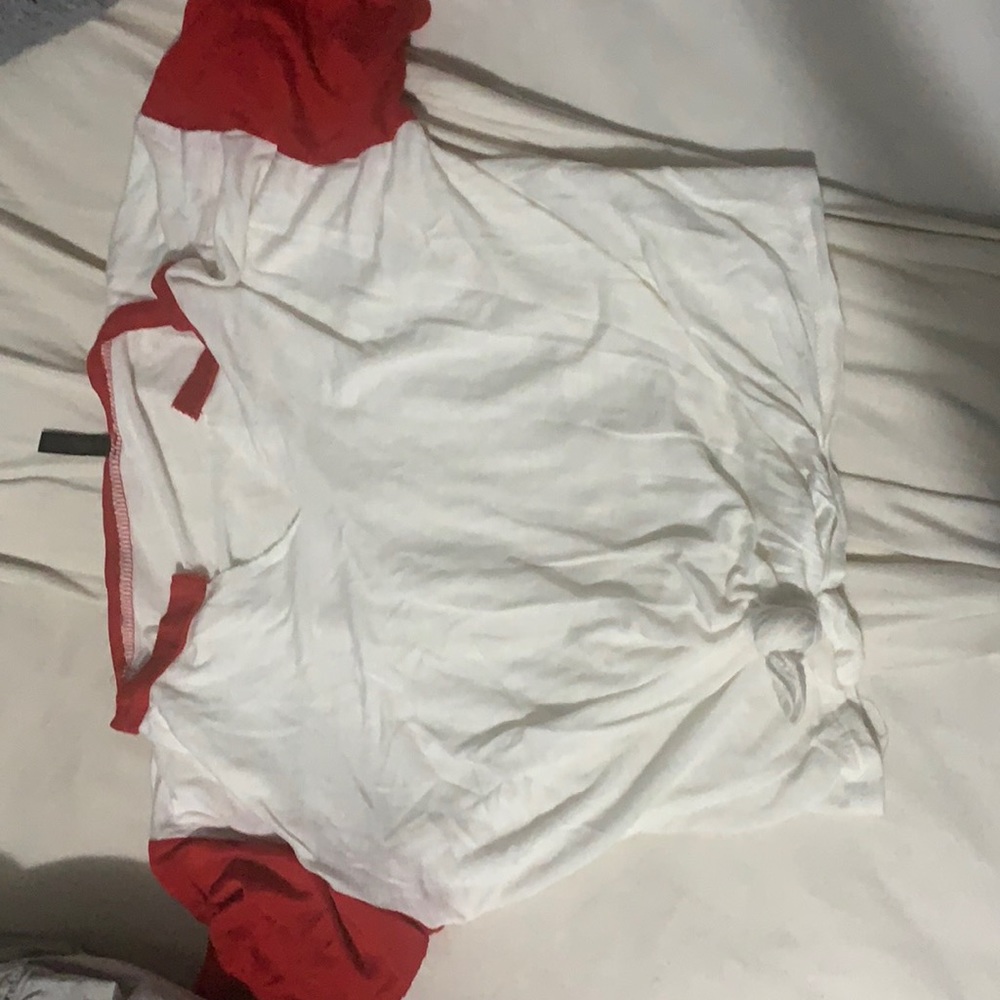 Red and white v neck tee shirt